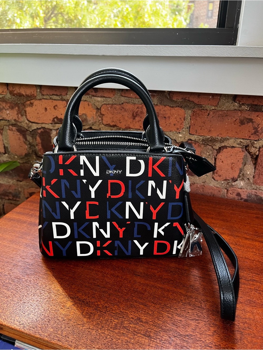 DKNY Black Satchel with Red, White & Blue Logo Print